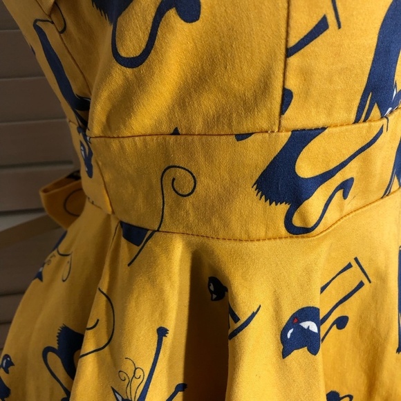 Vintage IXIA Cat Print Mini Dress Yellow Blue Small - Picture 9 of 13